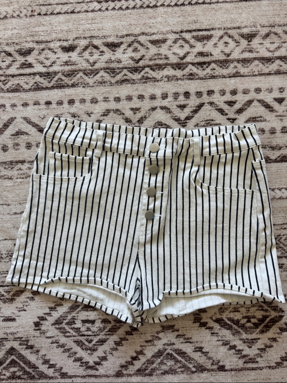 Altar'd State Cream and Black Vertical Stripe High-Waist Button Shorts
